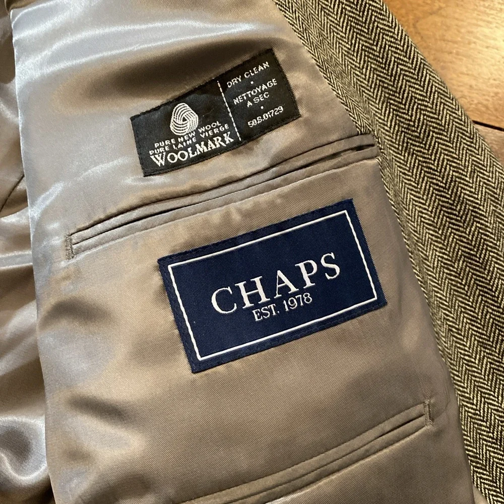 Chaps Blazer Men's 46R Beige Black Herringbone‎ Jacket Sport Coat 100% Wool